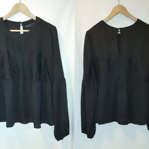 Halogen Nordstrom Lace‎ Panel Front Peplum Blouse Long Sleeve L Black